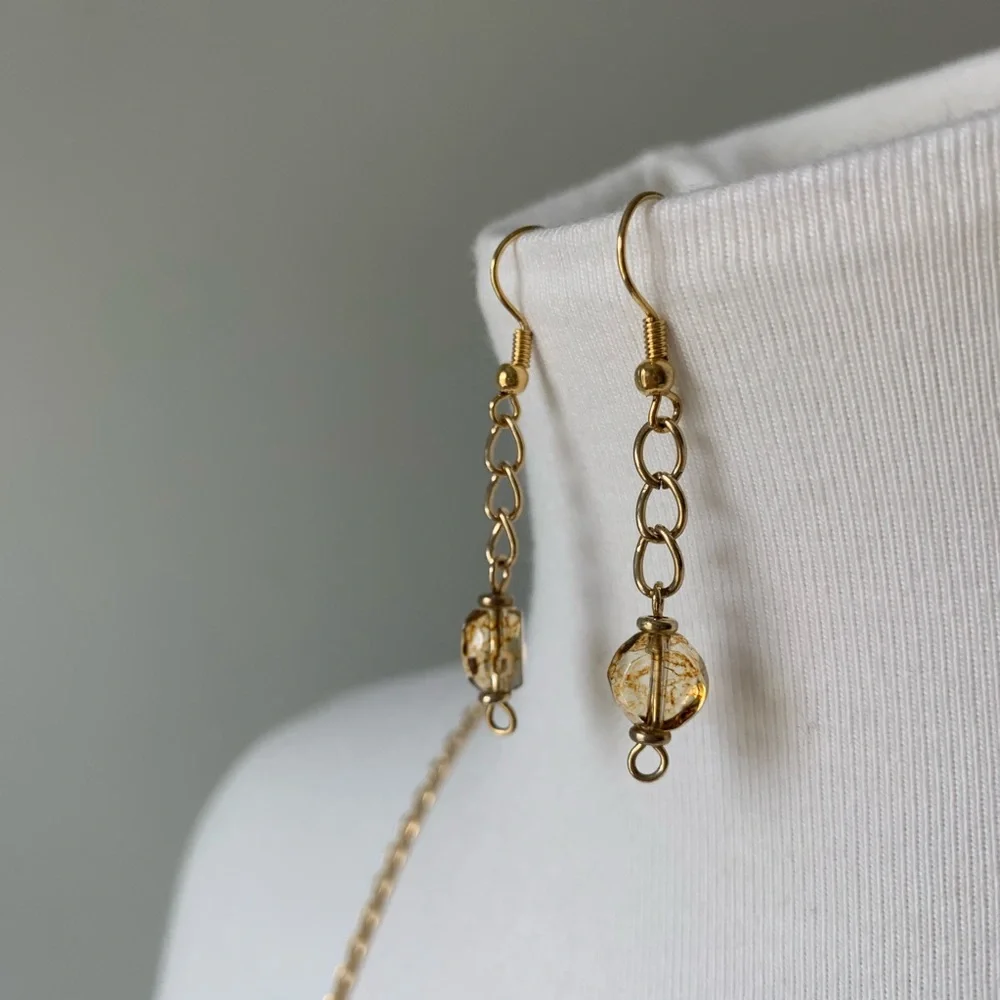 Costume Gold Chain Necklace and Dangly Earrings Bundle